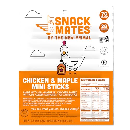 Snack Mates by The New Primal, Chicken & Maple Stick, All-Natural Chicken, High Protein and Low Sugar Kids Snack, Certified Paleo, Certified