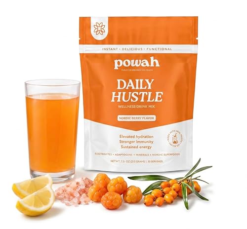 Powah Daily Hustle Wellness Drink - Electrolytes, Adaptogens & Immunity Support. 30 Sugar-Free Servings. Clean Superfoods. Nordic Berry Flavor.