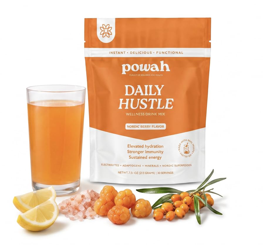 Powah Daily Hustle Wellness Drink - Electrolytes, Adaptogens & Immunity Support. 30 Sugar-Free Servings. Clean Superfoods. Nordic Berry Flavor.