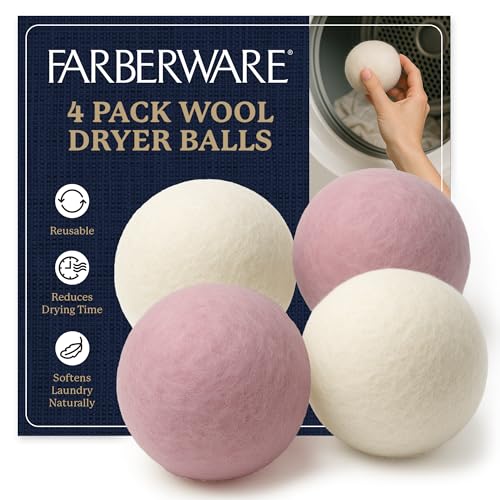 Farberware Wool Dryer Balls 4 Pack - Reusable 100% Wool Balls for Dryer - Natural Fabric Softener for Laundry, Towels & Bedding, Replaces Fabric