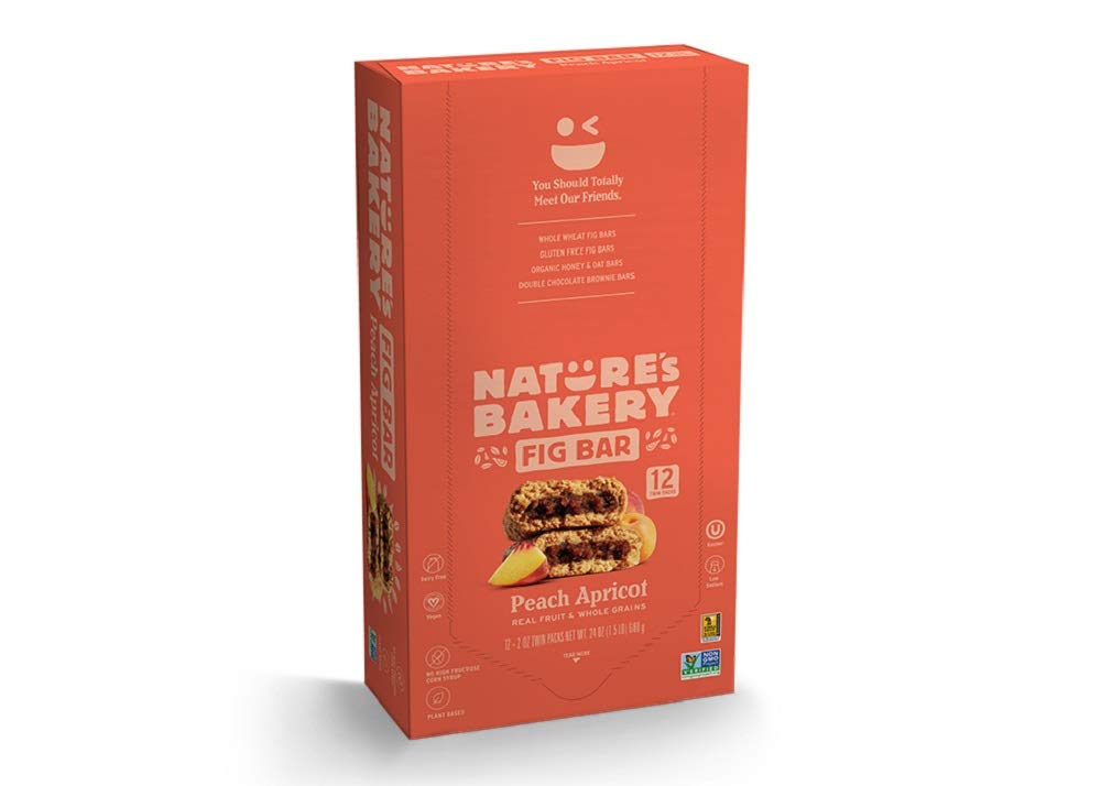 Nature's Bakery Whole Wheat Fig Bars, Peach Apricot, 1- 12 Count Box of 2 oz Twin Packs (12 Packs), Vegan Snacks, Non-GMO