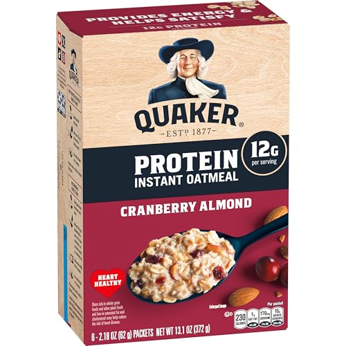Quaker Protein Instant Oatmeal, Cranberry Almond, 12g Protein per Serving, Whole Grains, No Artificial Flavors, No Added Colors, 2.18 oz Packets, (6