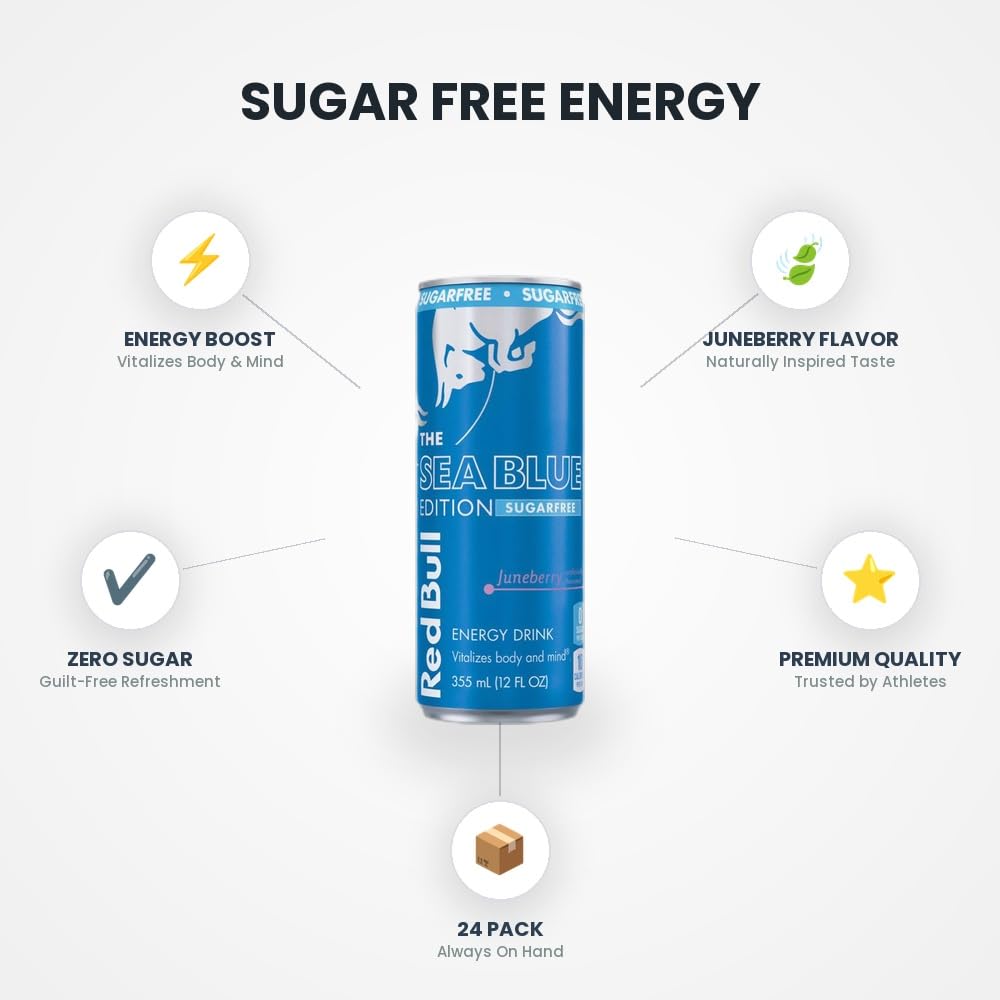[24 Pack] Sea Blue Edition Sugar Free Juneberry Energy Drink 12 oz with Candy - Sugar Free Energy Drink - Sparkling Water, Zero Soda, Caffeine Boost