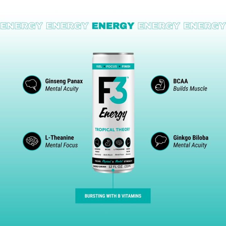 F3 Energy Tropical Theory Energy Drink - Muscle Building Sports Drinks w/BCAA, Panax Ginseng & Ginkgo Biloba - Natural Energy Drinks for Mental Focus