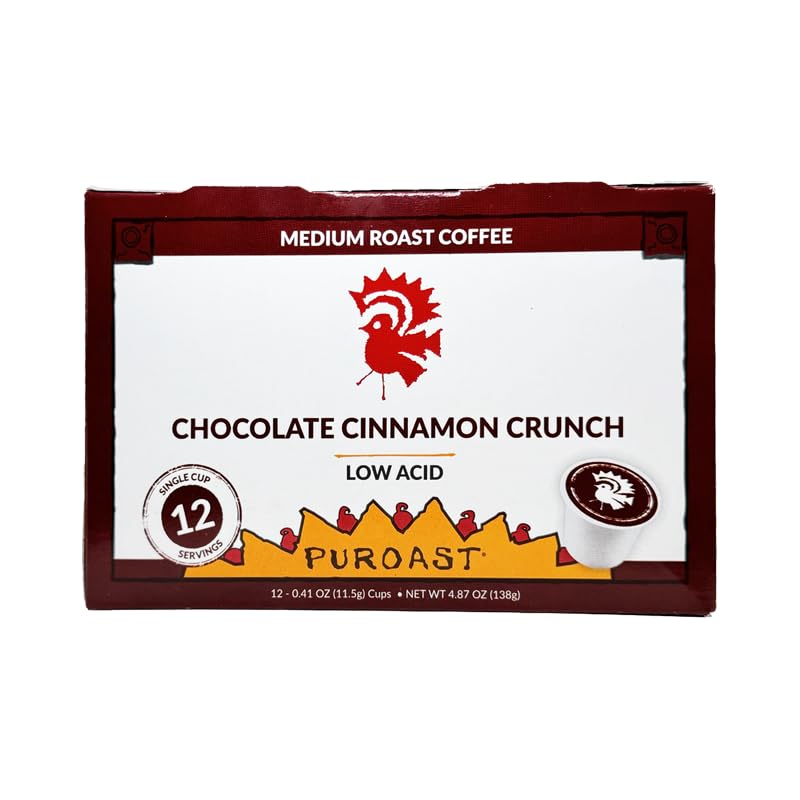 Puroast Low Acid Chocolate Cinnamon Crunch Flavored Coffee Pods 12 Count - 5X Less Acid, 5X Higher Antioxidants, Smooth Flavored Coffee, K-Cup