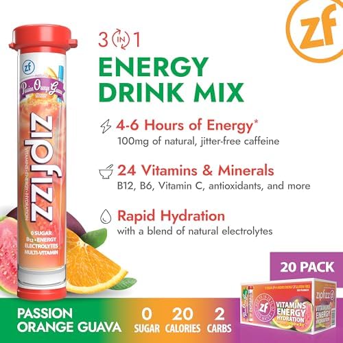 Zipfizz Daily Energy Drink Powder, Passion Orange Guava, 20 Pack | 3-in-1 Sustained Energy, Rapid Hydration, and Essential Vitamins | Sugar-Free |