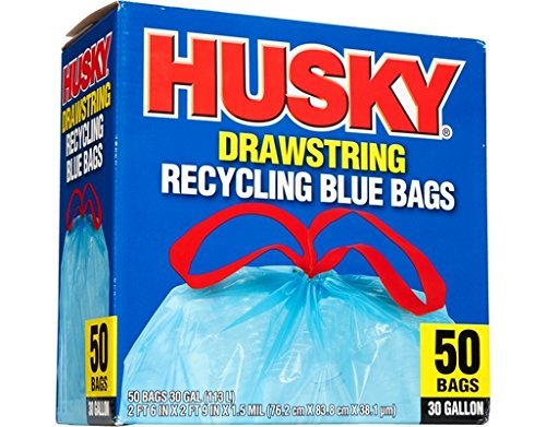 Husky HK30DS050BU 30-Gallon Drawstring Recycling Blue Bags, 50 Count
