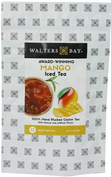 Walters Bay Mango Iced Tea, 12 Count, Quart Sized Tea Bags, Ceylon Tea, Unsweetened, Luscious Mango Fruit Flavored, 100% Hand Plucked, Black Tea, Sri