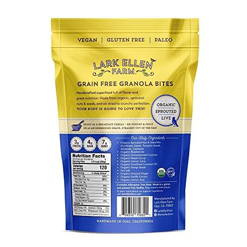 Lark Ellen Farm Grain-Free Granola, Certified Organic Raw Sprouted Vegan Clusters, Paleo & Crunchy Gluten-Free Bites for Cereal or Yogurt, Lemon