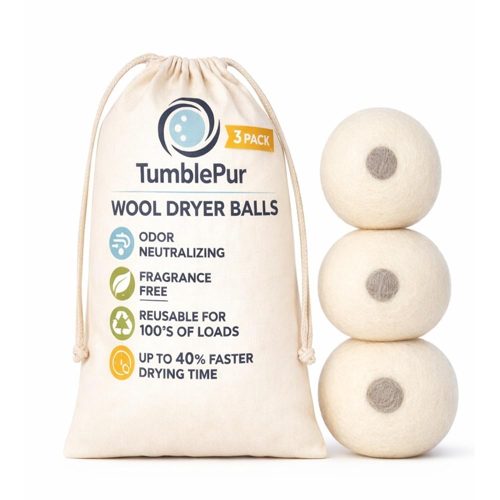 XL Wool Dryer Balls (3-Pack) with Activated Carbon - Odor Eliminating & Fragrance-Free Laundry Deodorizer, Natural Fabric Softener Alternative