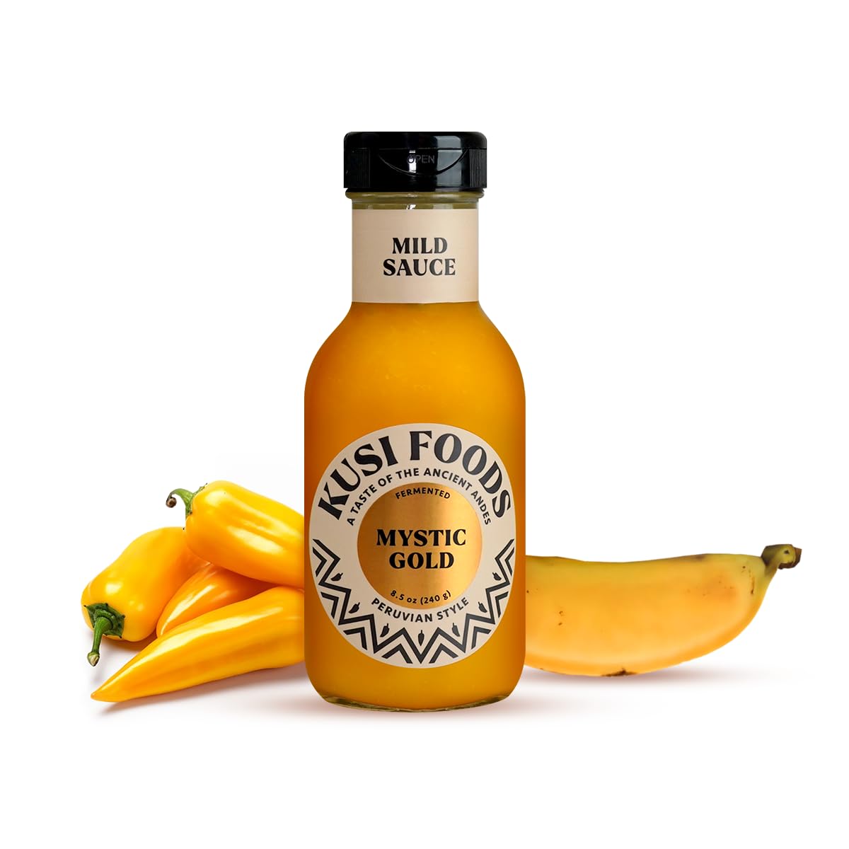 Kusi Foods MYSTIC GOLD Peruvian Mild Hot Sauce, Made with Yellow Chili Peppers, Banana and Aji Charapita, Fruity, Slightly Sweet and Spicy, Fermented