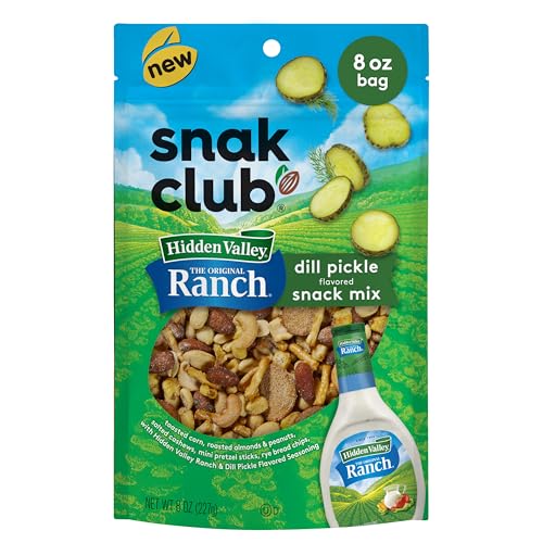 Snak Club Hidden Valley Ranch and Dill Pickle Flavored Snack Mix, Toasted Corn, Roasted Almonds, Peanuts, Salted Cashews, Mini Pretzel Sticks, Rye