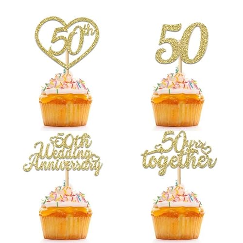 24Pcs 50th Wedding Anniversary Cupcake Toppers Gold Glitter 50th Golden Heart Cupcake Picks for Celebration 50 Golden Wedding Anniversary Party