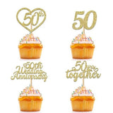 24Pcs 50th Wedding Anniversary Cupcake Toppers Gold Glitter 50th Golden Heart Cupcake Picks for Celebration 50 Golden Wedding Anniversary Party