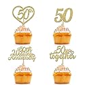 24Pcs 50th Wedding Anniversary Cupcake Toppers Gold Glitter 50th Golden Heart Cupcake Picks for Celebration 50 Golden Wedding Anniversary Party