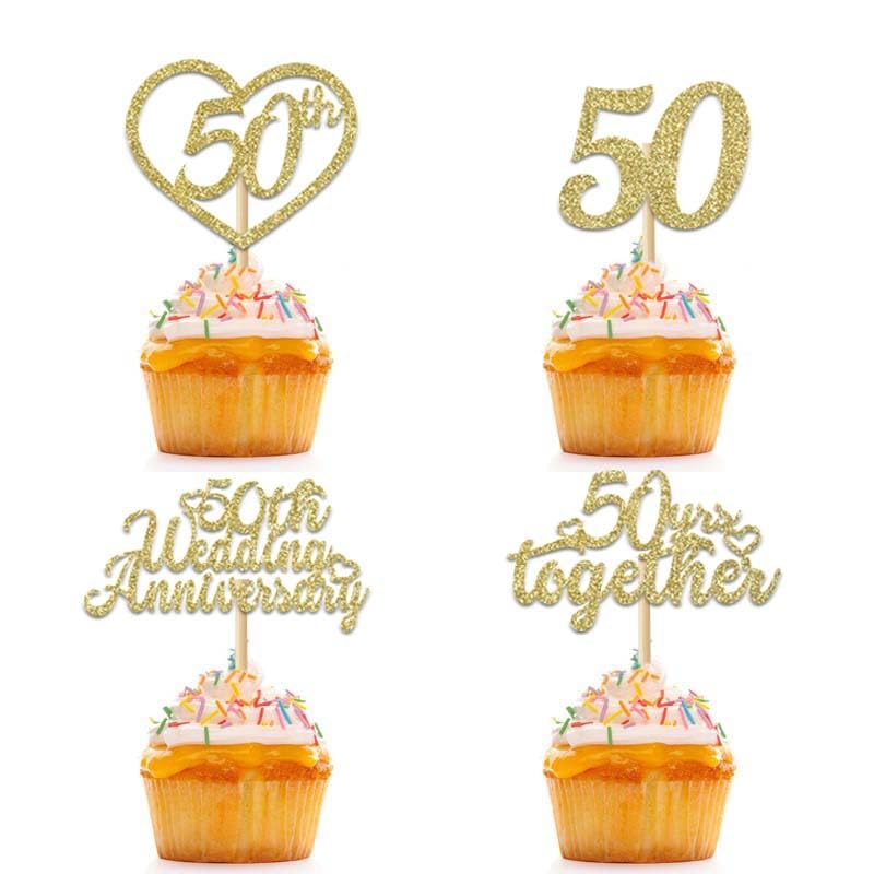 24Pcs 50th Wedding Anniversary Cupcake Toppers Gold Glitter 50th Golden Heart Cupcake Picks for Celebration 50 Golden Wedding Anniversary Party