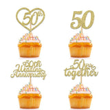 24Pcs 50th Wedding Anniversary Cupcake Toppers Gold Glitter 50th Golden Heart Cupcake Picks for Celebration 50 Golden Wedding Anniversary Party