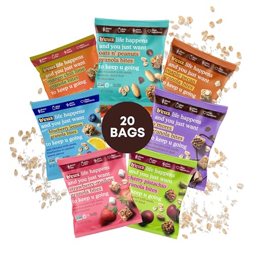 B'cuz Granola Bites - Gluten Free On the Go Snacks Variety Pack, Kosher, Vegan Friendly, Travel Safe, Healthy Breakfast and Dessert Treats for Kids or