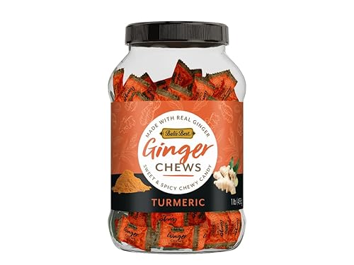 Bali's Best Ginger Chews, Soothing Turmeric Flavor, 1 Pound Jar, Individually Wrapped Soft Candy, Made with 100% Real Ginger, Digestive Health