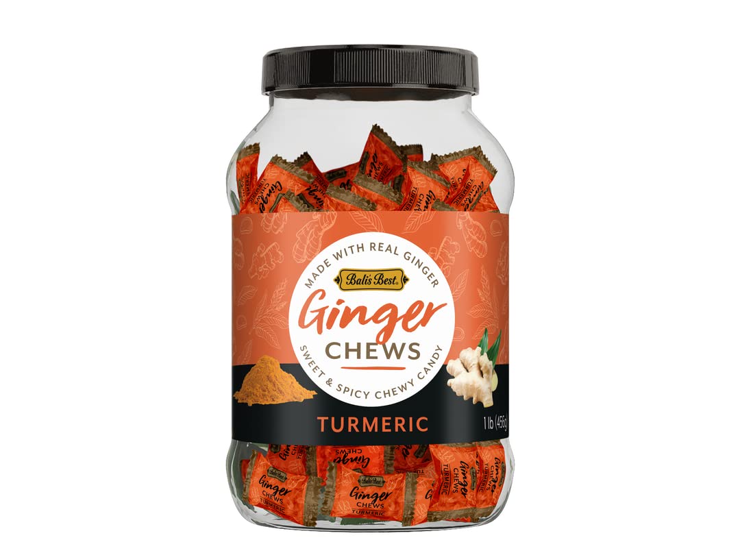 Bali's Best Ginger Chews, Soothing Turmeric Flavor, 1 Pound Jar, Individually Wrapped Soft Candy, Made with 100% Real Ginger, Digestive Health