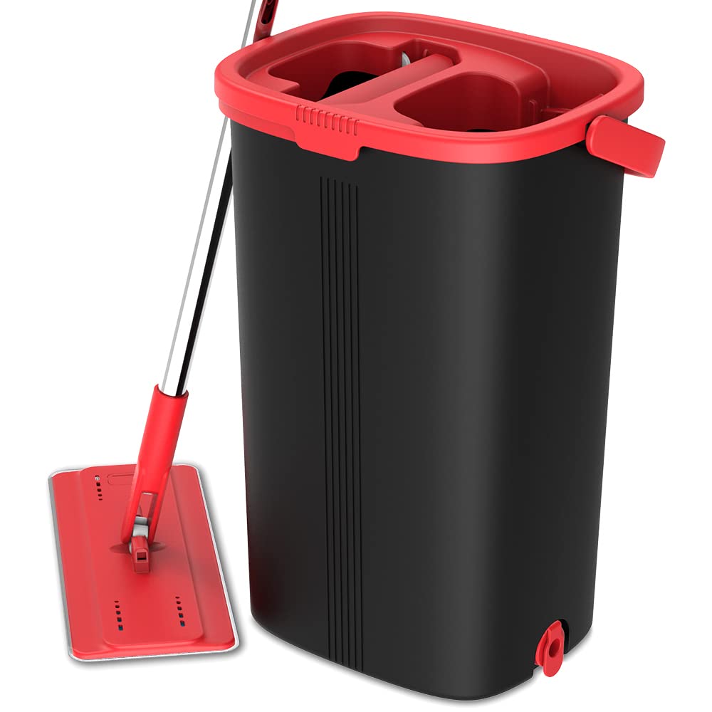 Tethys Flat Floor Mop and Bucket Set for Professional Home Floor Cleaning System with Aluminum Handle/2-Washable Microfiber Pads Perfect Home +