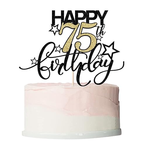 Bekaterea Happy Birthday Cake Topper,Black font Golden Numbers 75th Birthday Cake Decoration?Hello 75, Cheers to 75 Years/75th Anniversary ?75