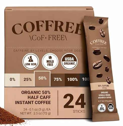 COFFREE Organic Instant Coffee Packets - Mold Free, Low Acid, Single-Origin Arabica - Individual Single Serve Coffee Sticks - Easy for Travel, Camping