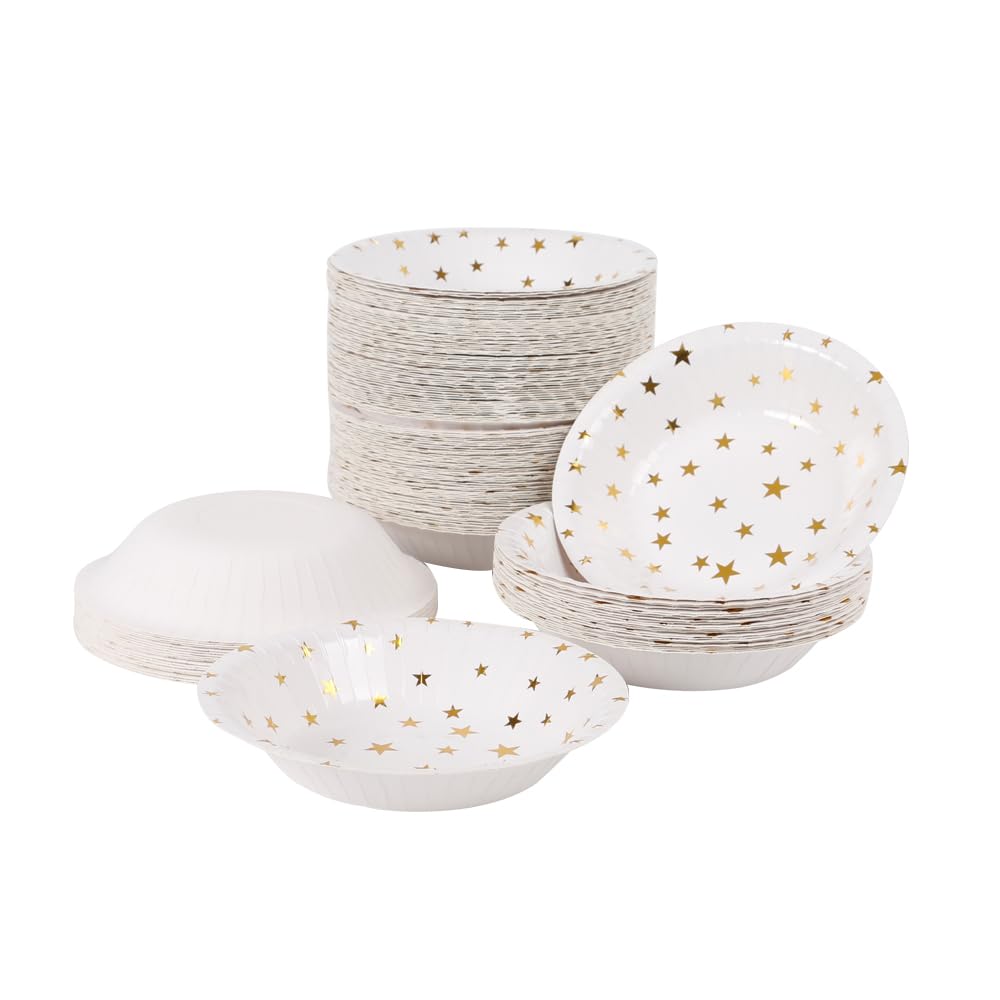 Geeklife 50 pcs Gold Stars Disposable Paper Bowls,20 oz Large Party Decorative Serving Bowls for Wedding,Birthday,Baby Shower and Home