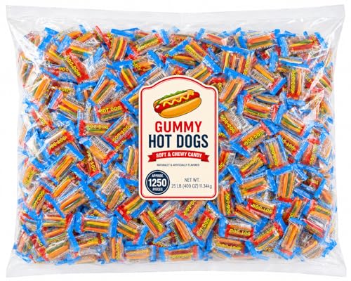 Hot Dog Gummy Candy, Mini Hot Dog Shaped Fruit Gummies, Bulk Novelty Candy Mix - 25 lb (Approx. 1,000 pieces)