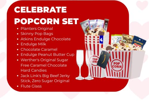 Movie Night Popcorn and Candy Gift Basket - Plus 13.5 Inch Plush Teddy Bear Custom T-Shirt - Perfect for a Cozy and Fun Evening at Home or the Theater