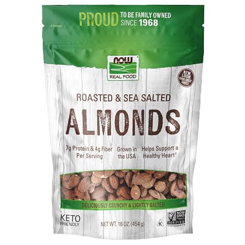 NOW Foods, Almonds, Roasted with Sea Salt, Source of Protein, Fiber and Healthy Fatty Acids, Grown in the USA, Certified Non-GMO, 1-Pound (Packaging