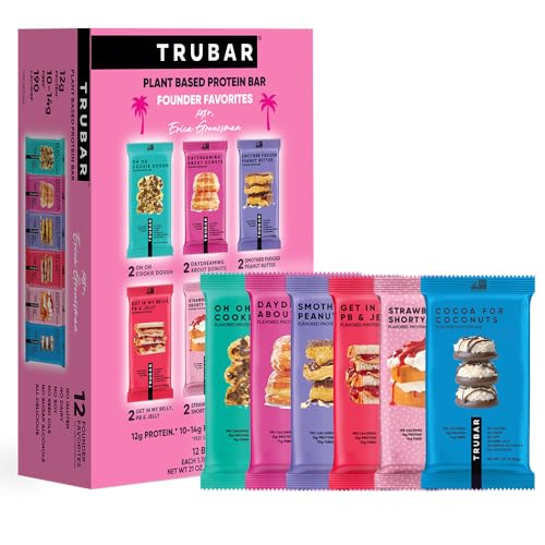 TRUBAR Vegan Protein Bars, 12 Count Founder Favorites Variety Pack, (2 Each - OOCD, DAD, SFPB, PBJ, SSGC & CoCo), Gluten Free, Plant Based, Dairy