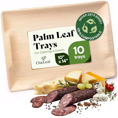 Chic Leaf Compostable Palm Leaf Serving Trays, 10x14 Inch Rectangular Disposable Platters for Charcuterie, Parties, and Catering, Heavy-Duty Microwave