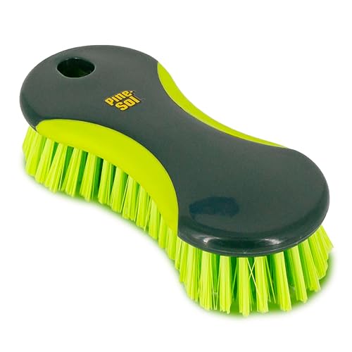 Pine-Sol Heavy Duty Scrub Brush - Multipurpose Cleaning Tool for Floors, Tubs, Sinks | Soft Comfort Grip with Flexible Stiff Bristles, Yellow, Green