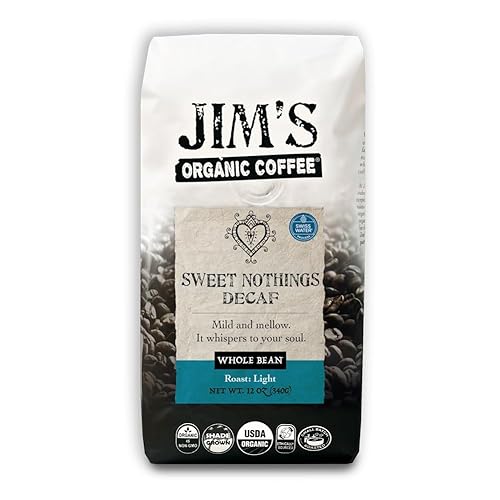 Jim’s Organic Coffee - Sweet Nothings Decaf - Light Roast, Whole Bean (12oz) - 100% Arabica Coffee Beans - USDA Organic - Kosher - Swiss Water Process