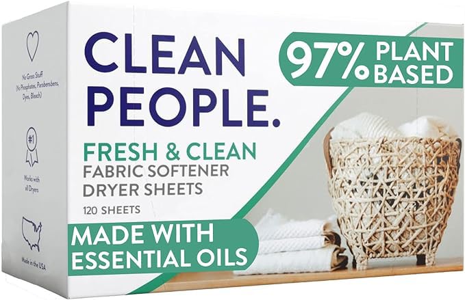 The Clean People Fabric Softener Sheets - Dryer Sheets - Softens & Removes Static Cling - Vegan Laundry Softener With Essential Oils - Fresh Scent