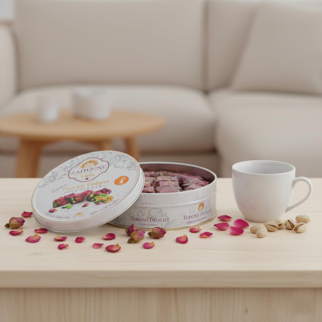 Zaitoune Rose Covered Turkish Delight - 9 oz | Stuffed with Pistachios & Cashews | Coated with Dried Rose Petals | Authentic Luxury Lokum Sweets in