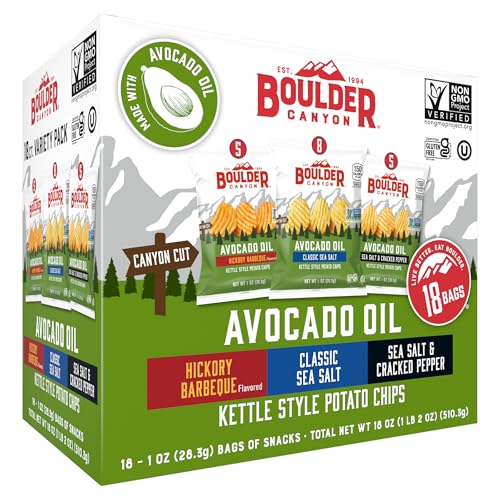 Boulder Canyon Avocado Oil Kettle Style Potato Chips Variety Pack, 18 Count - Gluten-Free, Non-GMO, Hickory Barbecue, Classic Sea Salt, Sea Salt