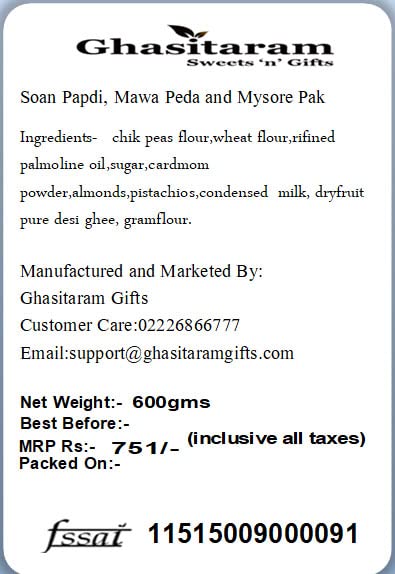 Ghasitaram Gifts Indian Sweets - Diwali Gifts Diwali Sweet - Soan Papdi, Mawa Peda and Mysore Pak