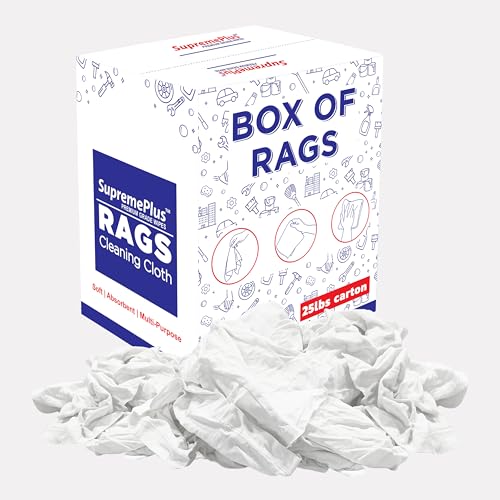 SupremePlus Recycled White T-Shirt Cleaning Rags (25 lbs. Box) - Shop Rags Bulk for Oil, Stain, Grease, Paint, and Auto Cleaning, Multipurpose White