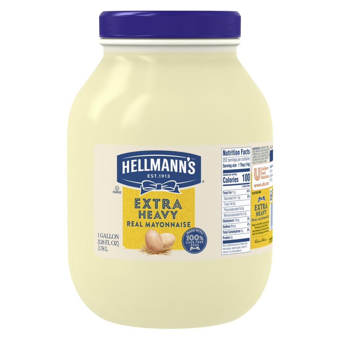 Hellmann's Extra Heavy Mayonnaise Jar, Extra Egg Yolk, Condiment for Sandwiches, Salads, Mayo Made with 100% Cage Free Eggs, Gluten Free 1 gallon 128