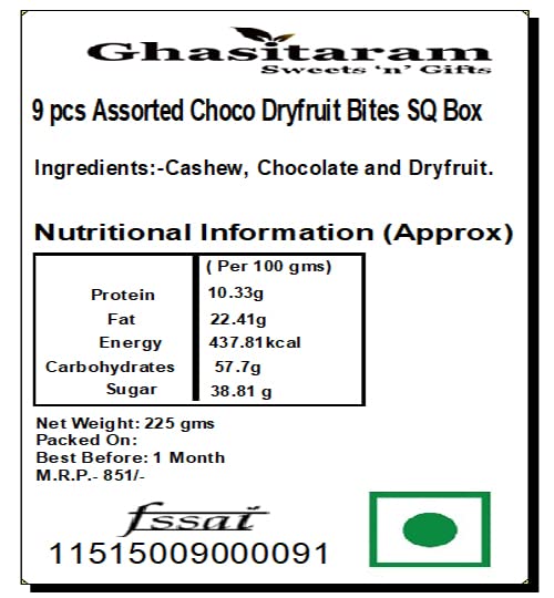 Ghasitaram Gifts Rakhi Gifts for Brothers Rakhi Sweets - 9 pcs Assorted Choco Dryfruit Bites SQ Box with Beads Rakhi