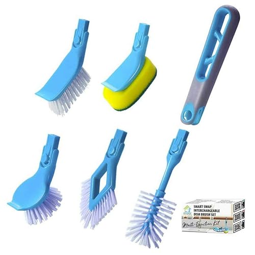 Guay Clean Kitchen Dish Brush Set with Handle and Scrapper - 4pc Brushes Includes: Rectangular, Round, Bottle, Corner, Bonus Scrub Sponge