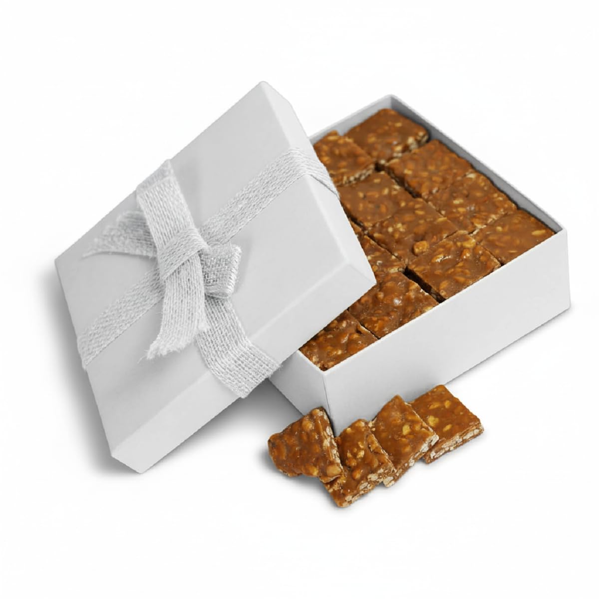 Gourmet Cashew Brittle White Gift Box - by Its Delish | Handmade Old-Fashioned Style | Beautiful & Delicious Square Cut Pieces 16 Oz Cashew Brittle |