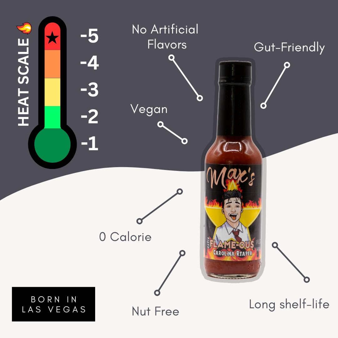 Max Flame-ous Carolina Reaper Hot Sauce - Intense Heat & Fruity Flavor | 5/5 Heat Rating | Perfect for Spicy Recipes | Best, Young, Unique, Tasty