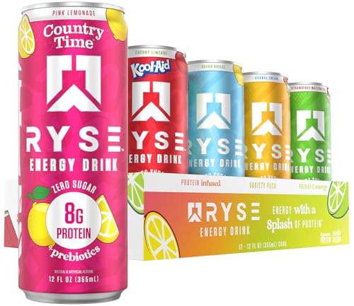 RYSE Functional Energy Drink - 5 Flavors Variety Pack - 150mg Natural Caffeine, 8g Whey Protein & 1g Prebiotics - Sugar Free, Gut-Friendly, Bloat-Free