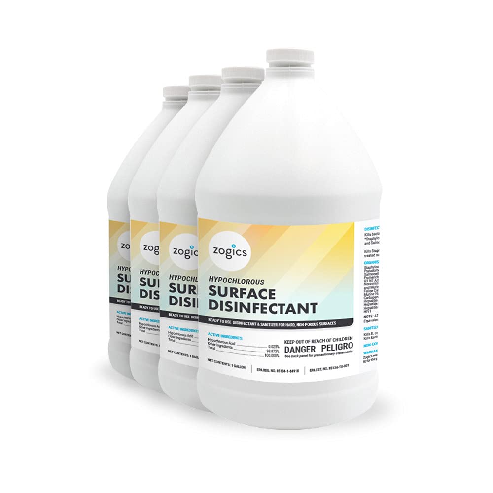 Zogics Hypochlorous Acid Ready-to-Use Disinfectant - EPA-Registered List N - Perfect for ULV & Electrostatic Sprayers and Foggers (Case of 4 Gallons)