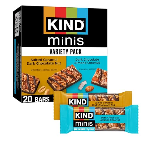 KIND Mini Snack Bars Variety Pack, Gluten Free, Low Sugar, Low Calorie Snacks, Salted Caramel Dark Chocolate Nut, Dark Chocolate Almond Coconut, 20