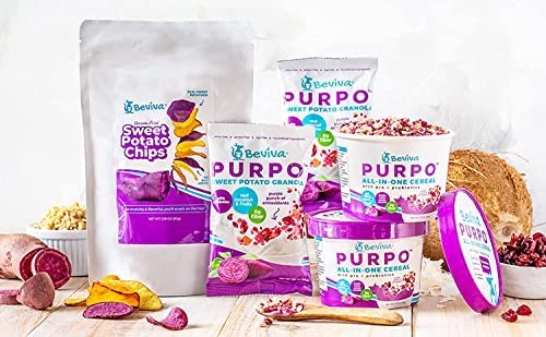 Beviva's PURPO Granola: Vegan, gluten-free, prebiotic inulin, purple sweet potato, fruit, high fibre and low sugar, healthy snacks, ice cream/yogurt