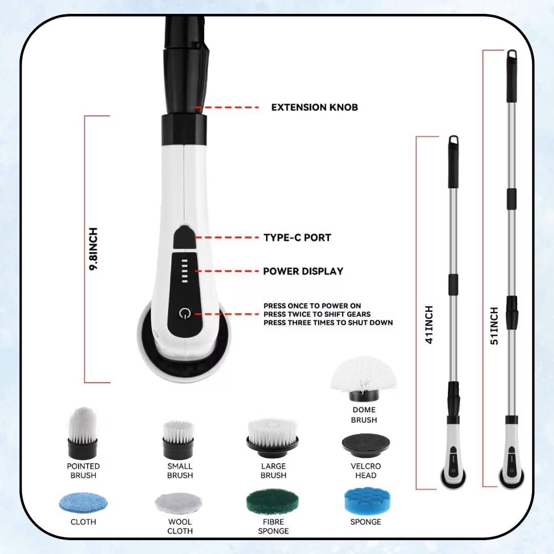 Electric Spin Scrubber, Cordless Cleaning Brush with 8 Replaceable Heads, Adjustable Handle, Dual Speed Power Scrubber for Bathroom, Bathtub, Floor